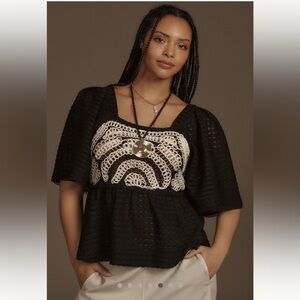 Sarah Hann Anthropologie Crochet Flutter Sleeve Top 2X
